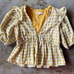 English Factory Gingham Puff Sleeve Knit Cropped Top in Mustard/White